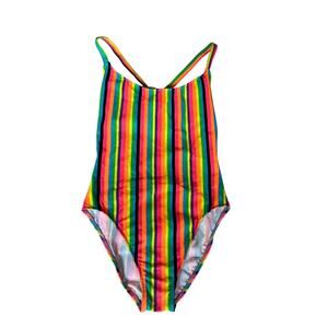 Vintage 80s Rayz High Waisted One Piece Bathing Suit USA Neon Striped Size 11/12